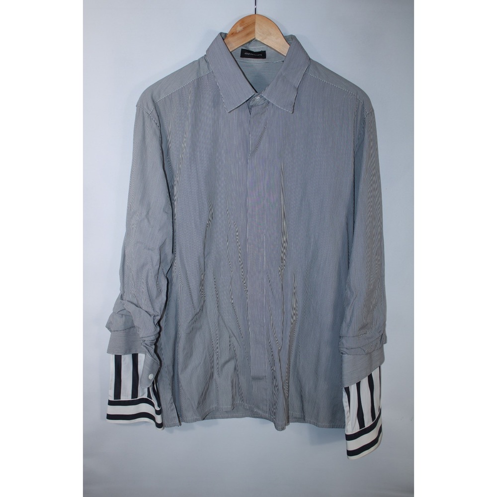 Kris Van Assche Men's Size 52 Black White Striped Long Sleeve Double Cuff Shirt